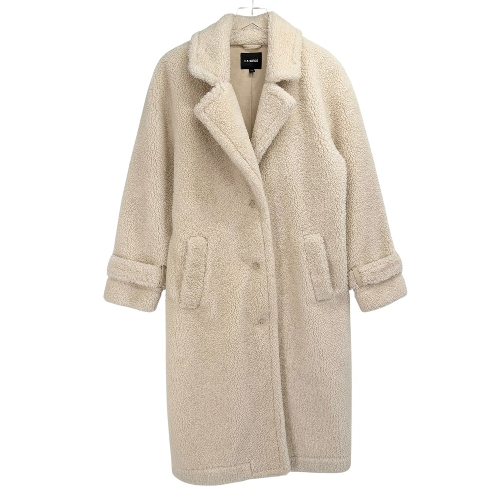 Express Sherpa Teddy Coat Size L Cream Trench Longline Jacket‎ Single Breasted